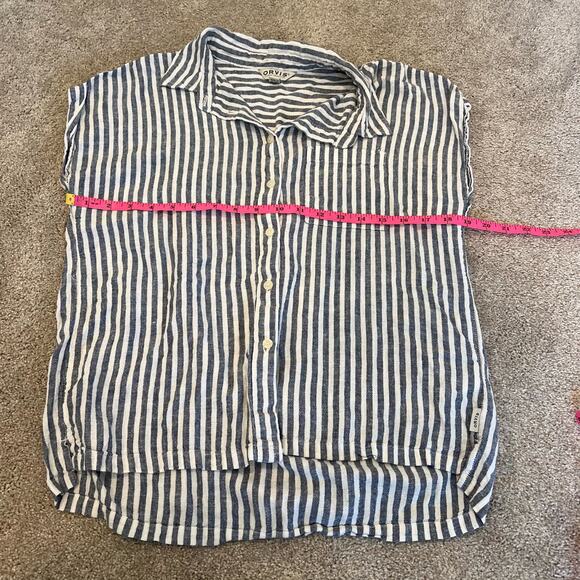 Orvis Women's Linen Button Down Shortsleeve Top Blue White Stripes Size S - Picture 9 of 9